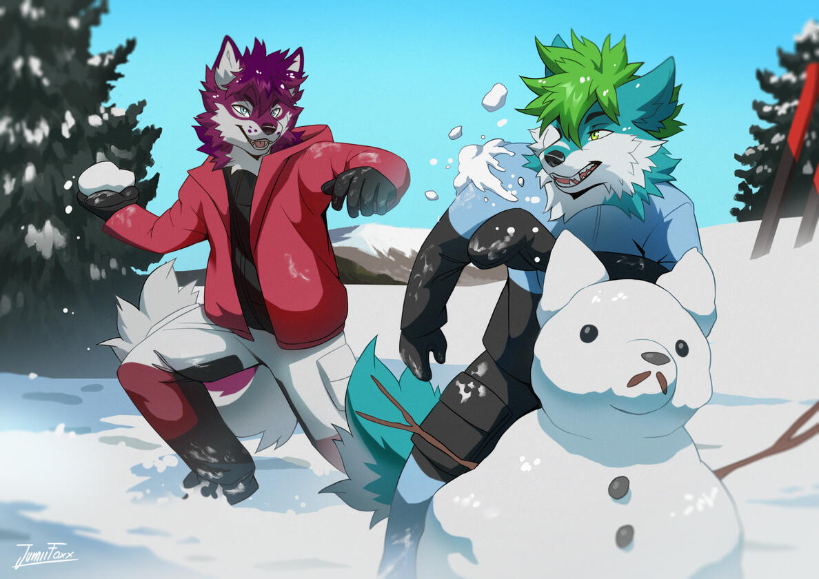 Shay and Flux by JumiiFoxx. "I wanna build a snowfox but Shay's gonna ruin it." Art gift for Shay.